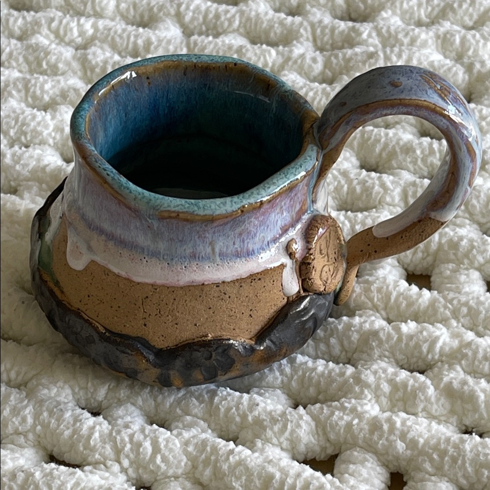 Artisan pottery, Mug with Blue and Tan Finish. Handmade. Textured. NWOT